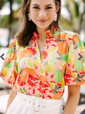 Umgee Women’s Citrus Print Puff Sleeve Shirt - Pink/Orange/Green Size Small